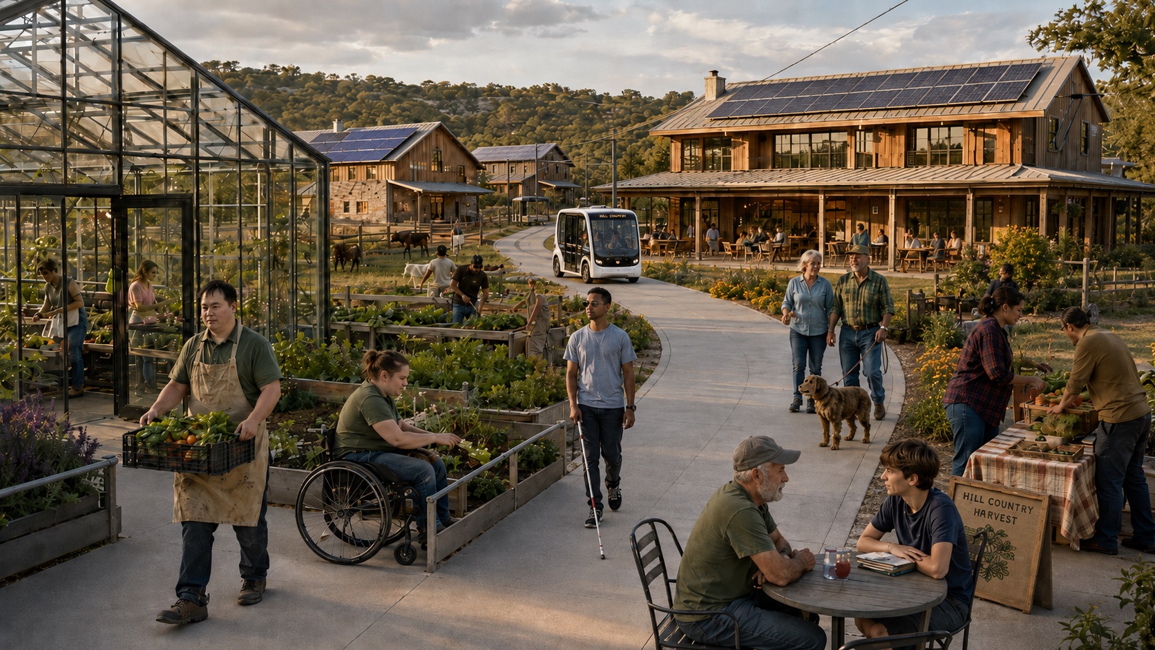 Concept illustration of Ranch Village: a young man in a work apron carrying a crate of vegetables from a glass greenhouse, a woman tending a raised planting bed from her wheelchair, a man walking with a white cane along a wide level path, neighbors at a produce stand and a cafe table, solar panels on timber buildings, and a small electric shuttle traveling the village road with the Texas Hill Country beyond.